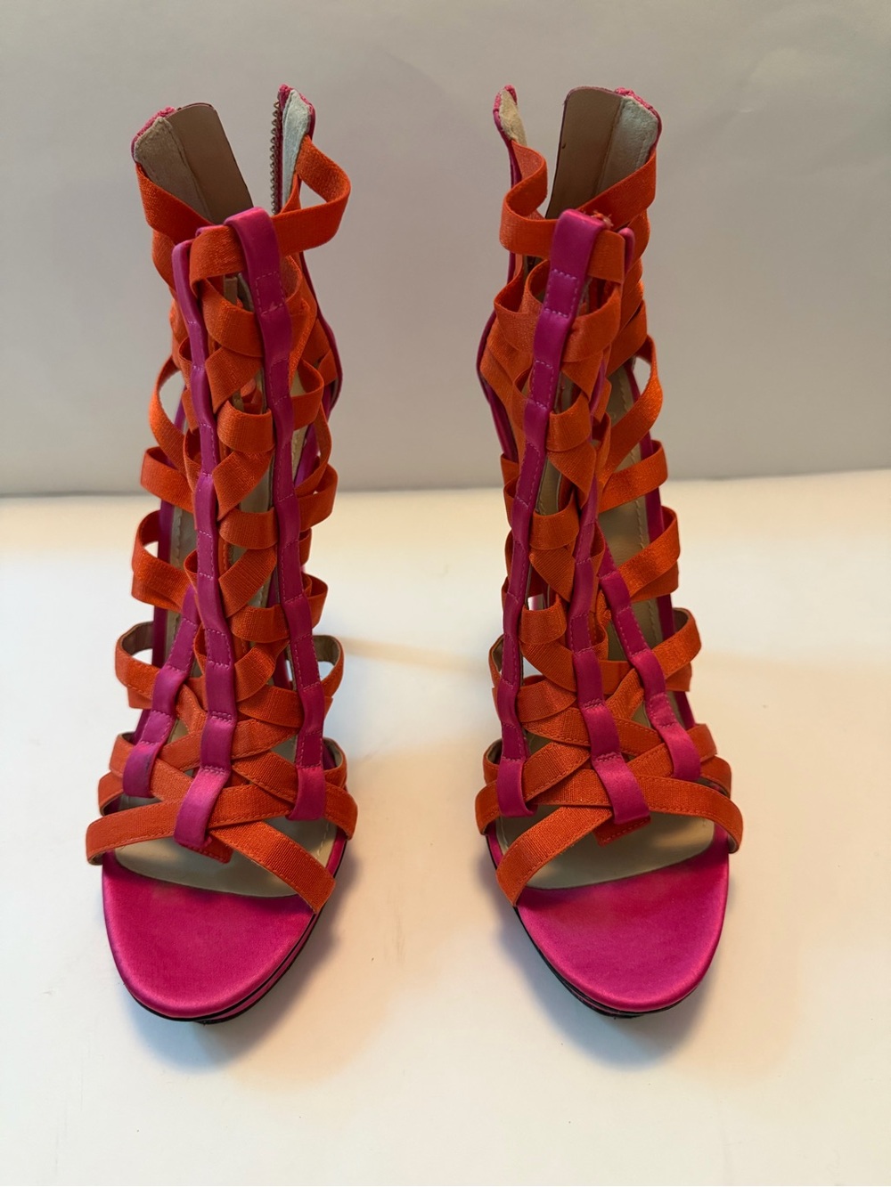 Brian Atwood Hot Pink & Orange Strappy Stiletto Heels